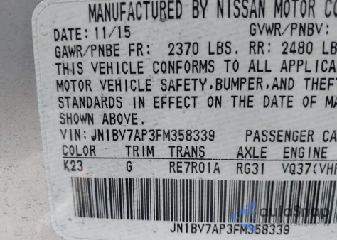 2015 Infiniti Q50 Premium from USA, damaged, VIN JN1BV7AP3FM358339